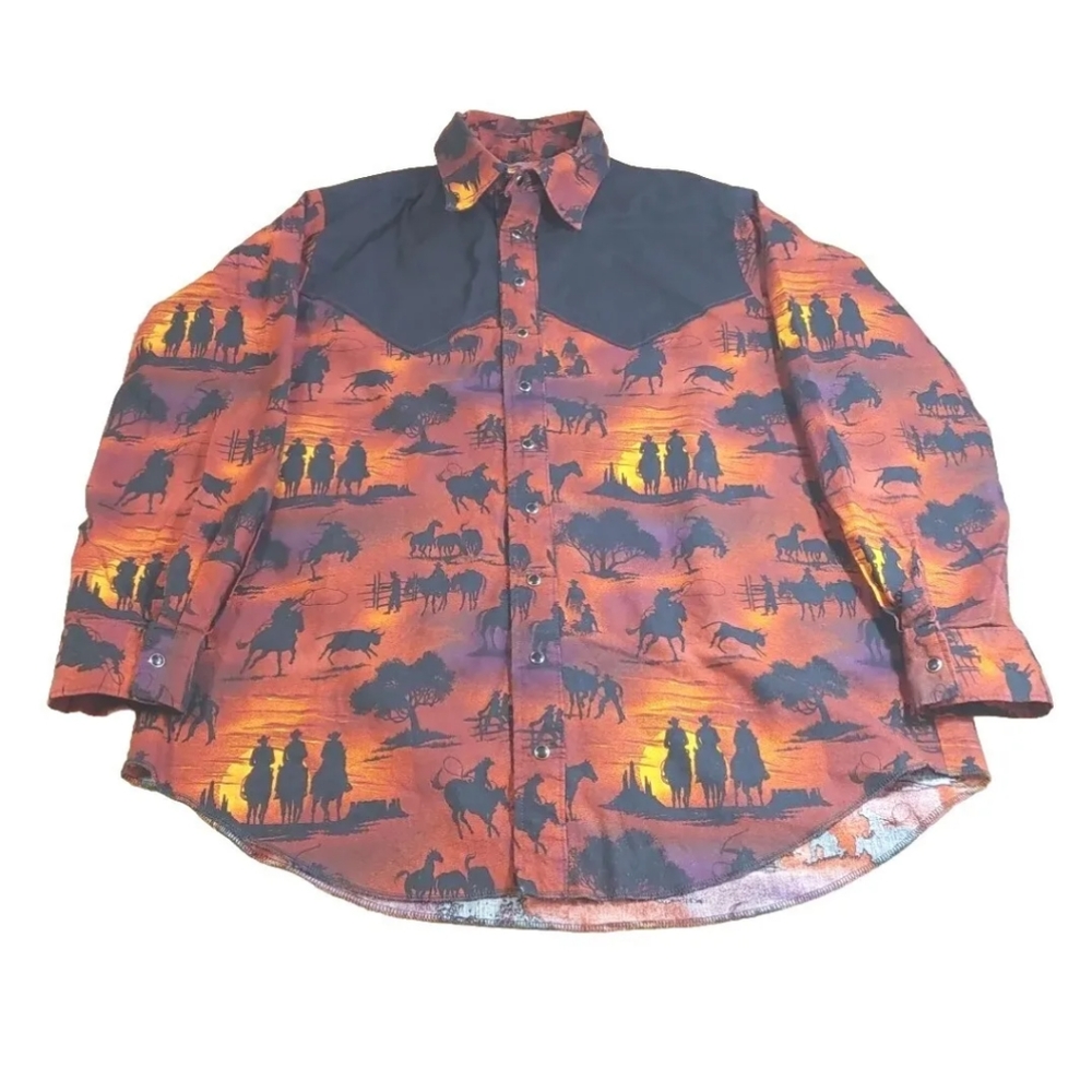 Western Shirt Cowboy Rodeo All Over Print Yoked Horses Pearl Snap Men XL 2X 52"